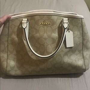 Coach Beige Monogram Satchel with White Trim